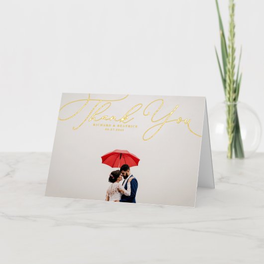 Elegant Beatrice Script Photo Weddenschap Bedankt Folie Wenskaart (Voorkant)