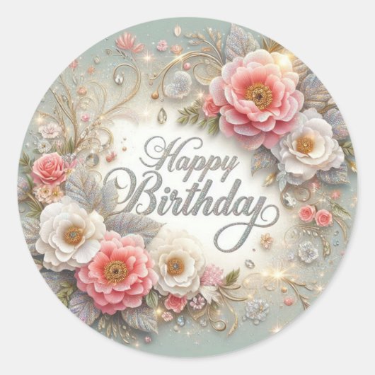 Elegant Beauty: Een prachtige Floral Birthday Stic Ronde Sticker (Voorkant)