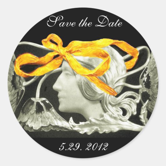 ELEGANT BEAUTY / LADY MET GEEL BOW EN STROMEN RONDE STICKER (Voorkant)