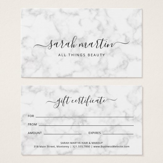 Elegant Beauty Salon Marble Gift Certificate Visitekaartje (Voorkant /achterkant)