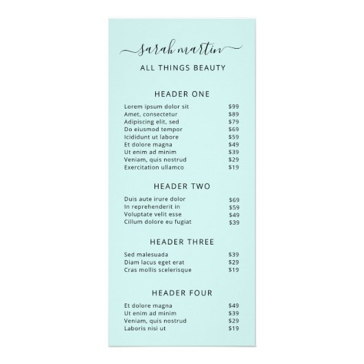 Elegant Beauty Salon Price List Turquoise Reclamekaart (Voorkant)