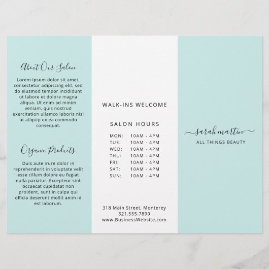 Elegant Beauty Salon Turquoise Trifold Brochure (Voorkant)