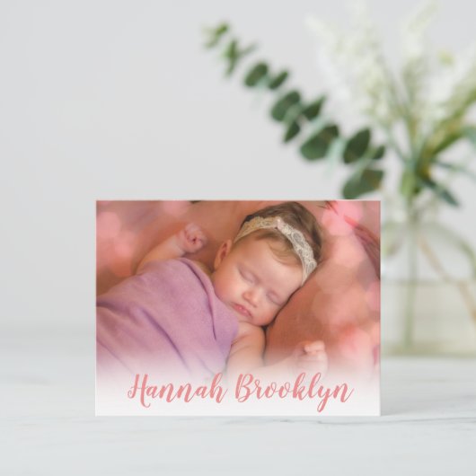 Elegant bedankt roze kalligrafie Foto geboorte Aankondigingskaart (Staand voorkant)