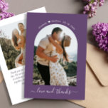 Elegant Bedankt Script 2 Foto Mauve Arch Bruiloft<br><div class="desc">Minimalistische Elegante Hand Lettered Arch 2 Foto Bruiloft Bedankkaart in Mauve Paarse kleur. Stijlvolle bruiloft dank u kaart sjabloon met een (boog vorm) foto op de voorkant en een foto op de achterkant. Met de tekst "Liefde en bedankt" in een wervelende hand geletterde kalligrafie of typografie script lettertype in witte...</div>