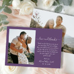 Elegant Bedankt Script 2 Foto Mauve Bruiloft<br><div class="desc">Elegante moderne minimalistische hand geletterd 2 foto bruiloft dank u kaart in Mauve Paarse kleur. Stijlvolle bruiloft dank u kaart sjabloon met een foto op de voorkant en een foto op de achterkant. Met de tekst "Liefde en bedankt" in een wervelende hand geletterde kalligrafie of typografie script lettertype in witte...</div>