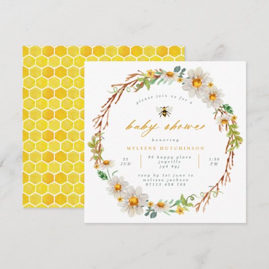 Elegant Bee and Daisies Baby shower Invitation Kaart (Voorkant / Achterkant)