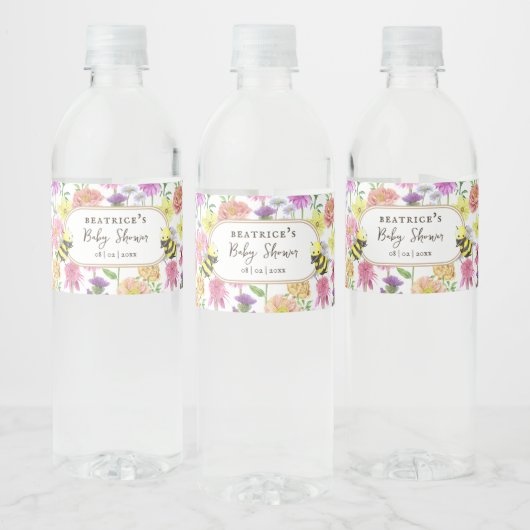 Elegant Bee en Wildflower Baby shower Waterfles Etiket (Flessen)