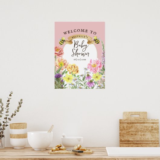 Elegant Bee en Wildflower Baby shower Welkom Poster (Keuken)