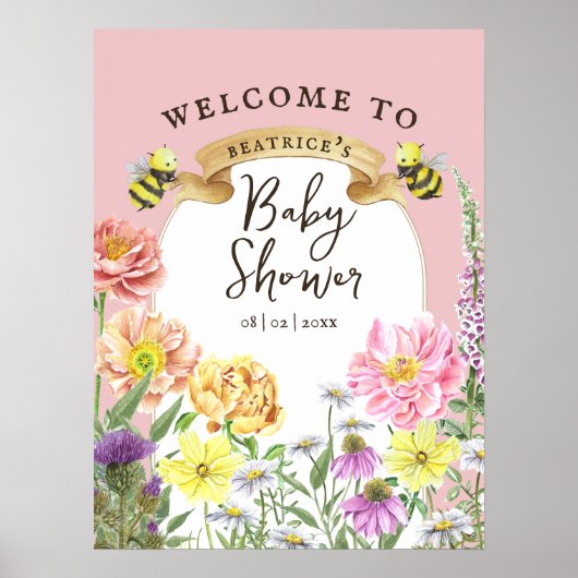 Elegant Bee en Wildflower Baby shower Welkom Poster (Voorkant)