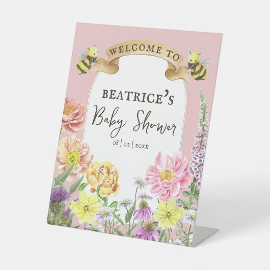 Elegant Bee en Wildflower Baby shower Welkom Reclamebord Met Voetstuk (Voorkant)