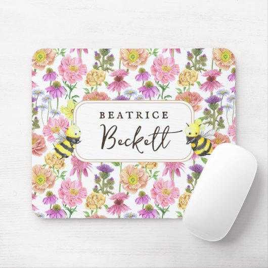 Elegant Bee en Wildflower Waterverf Pattern Muismat (Met muis)