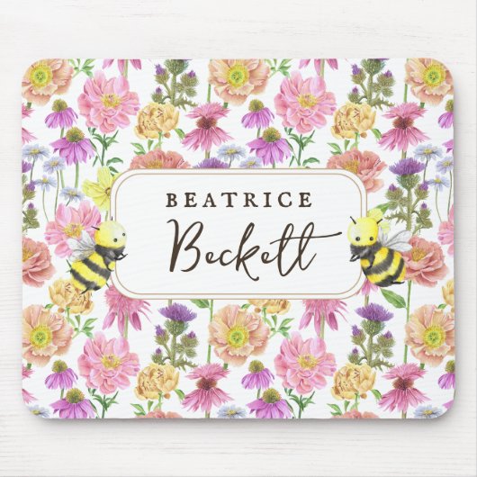 Elegant Bee en Wildflower Waterverf Pattern Muismat (Voorkant)
