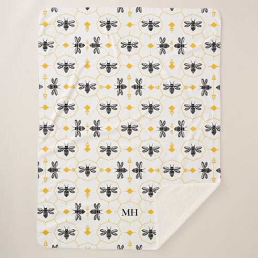 Elegant Bee Patroon Geel Modern Zwart Monogram Sherpa Deken (Voorkant)
