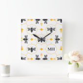 Elegant Bee Pattern Zwart Monogram Geel Modern Vierkante Klok (Huis)