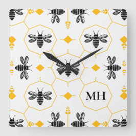 Elegant Bee Pattern Zwart Monogram Geel Modern Vierkante Klok