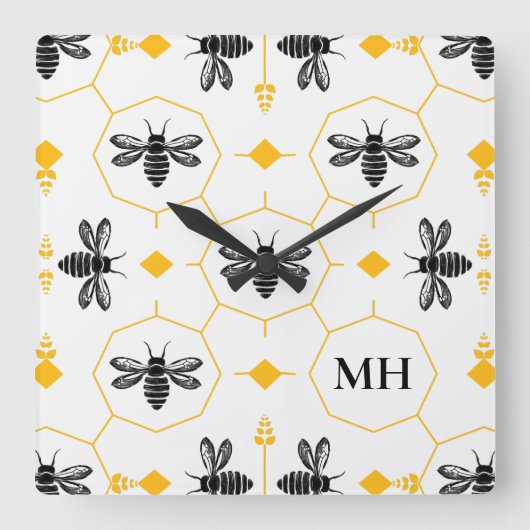 Elegant Bee Pattern Zwart Monogram Geel Modern Vierkante Klok (Voorkant)
