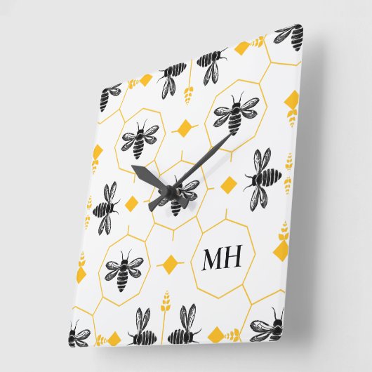 Elegant Bee Pattern Zwart Monogram Geel Modern Vierkante Klok (Hoek)