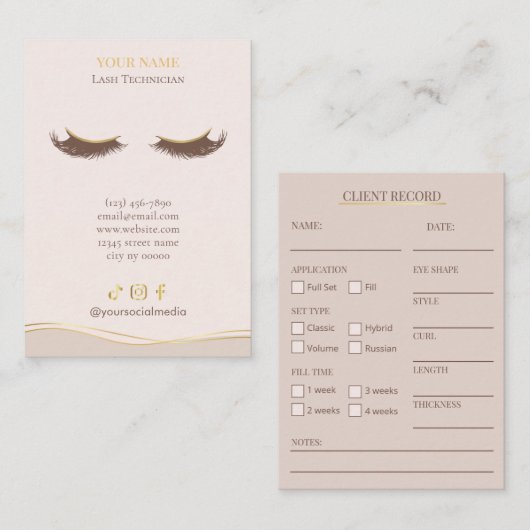 Elegant Beige and gold Lash Client Record Form Visitekaartje (Voorkant / Achterkant)