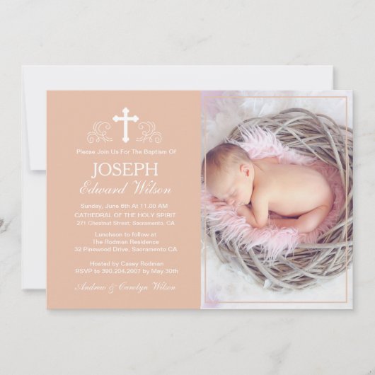 Elegant Beige Baptism Photo Invitation Card Kaart (Voorkant)