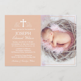 Elegant Beige Baptism Photo Invitation Card Kaart