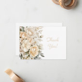 Elegant Beige Bloemen Boeket Dank u Flat Notitiekaartje (Voorkant / Achterkant in situ)