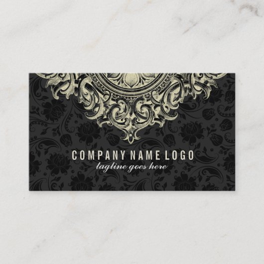 Elegant Beige Bloemen Ornament Zwart Achtergrond Visitekaartje (Voorkant)