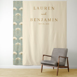Elegant Beige Bloemmotieven en Goud Wandkleed