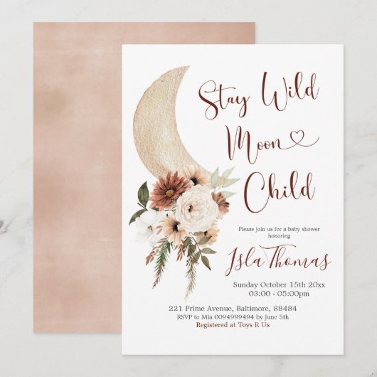 Elegant Beige Boho Moon Baby shower Uitnodiging (Voorkant / Achterkant)