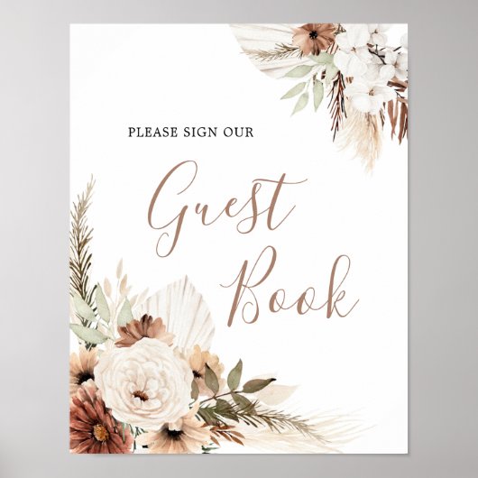 Elegant Beige Boho Pampas Gras Guestboek Handteken Poster (Voorkant)