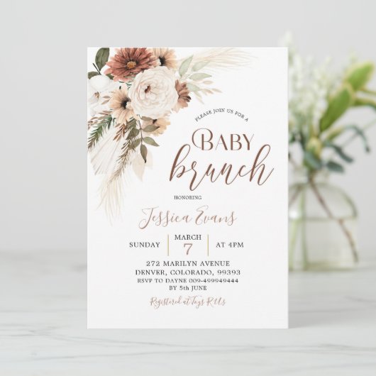 Elegant Beige Boho Pampas Grass Baby Brunch Kaart (Staand voorkant)