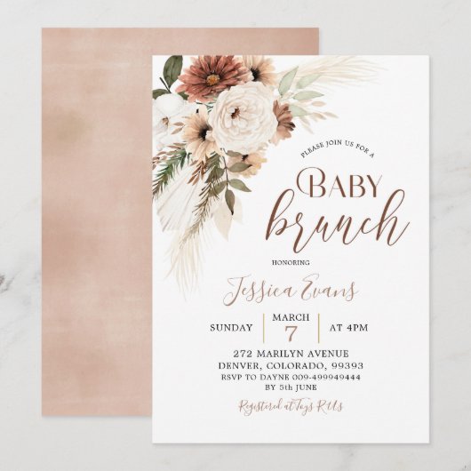 Elegant Beige Boho Pampas Grass Baby Brunch Kaart (Voorkant / Achterkant)