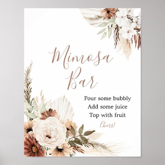 Elegant Beige Boho Pampas Grass Mimosa Bar Sign Poster (Voorkant)