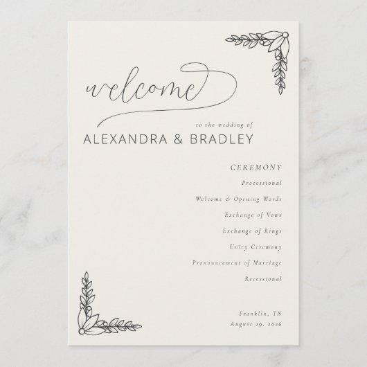 Elegant Beige Botanical Wedding Ceremony Schedule Programmakaart (Voorkant)