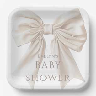 Elegant Beige Bow Genderneutraal Baby shower Papieren Bordje