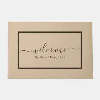 Elegant beige brown script familienaam welkom deurmat