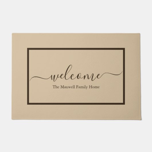 Elegant beige brown script familienaam welkom deurmat (Voorkant)
