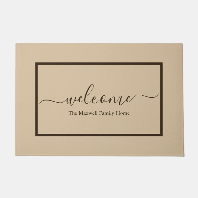 Elegant beige brown script familienaam welkom deurmat (Voorkant)