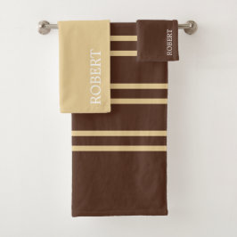 Elegant Beige &Brown Stripes Pattern Custom Name Bad Handdoek