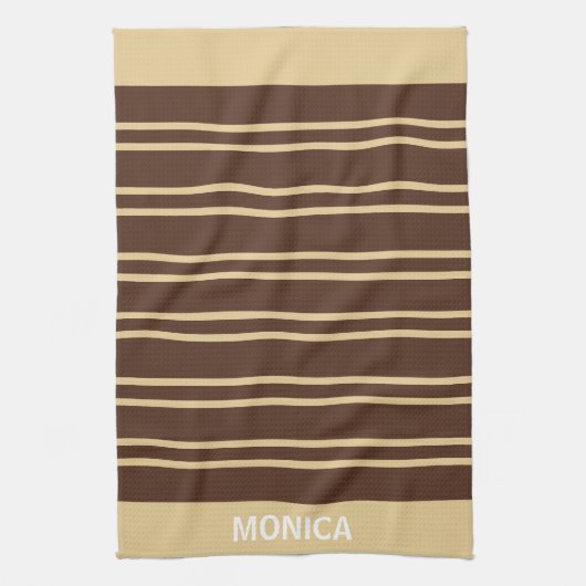 Elegant Beige &Brown Stripes Pattern Custom Name Theedoek (Verticaal)