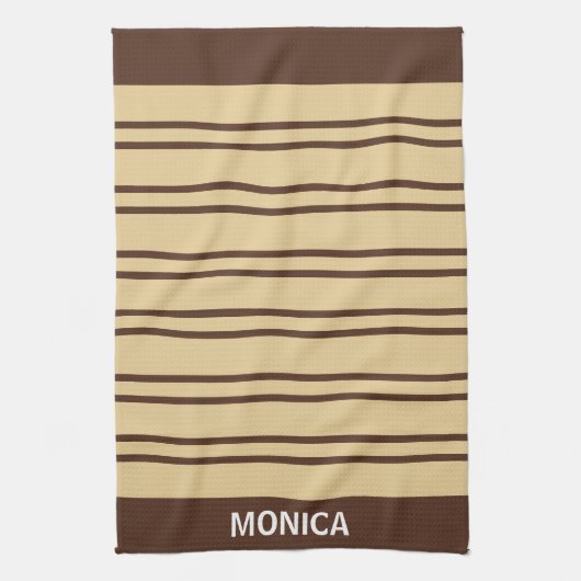 Elegant Beige &Brown Stripes Pattern Custom Name Theedoek (Verticaal)