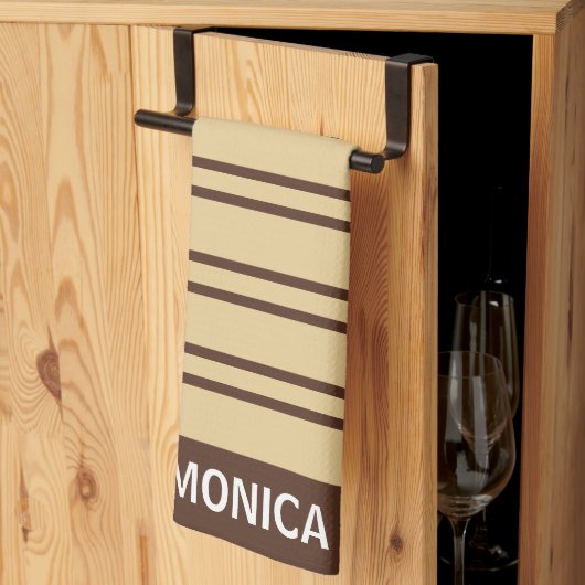 Elegant Beige &Brown Stripes Pattern Custom Name Theedoek (Derde Gevouwen)