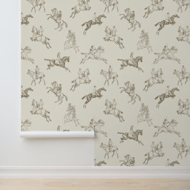 Elegant Beige Bruin Toile Paardrijden Behang