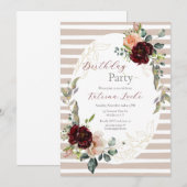 Elegant Beige Burgundy Striped Birthday Invitation Kaart (Voorkant / Achterkant)