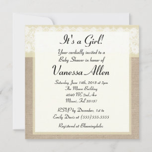 Elegant Beige Burlap Lace Baby shower Invitation Kaart
