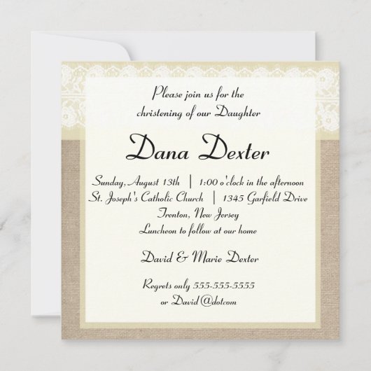 Elegant Beige Burlap Lace Baptism Invitation Kaart (Voorkant)