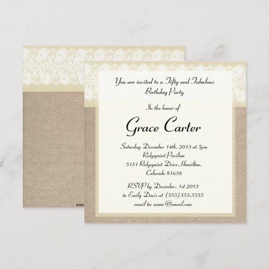 Elegant Beige Burlap Lace Birthday Uitnodiging (Voorkant / Achterkant)
