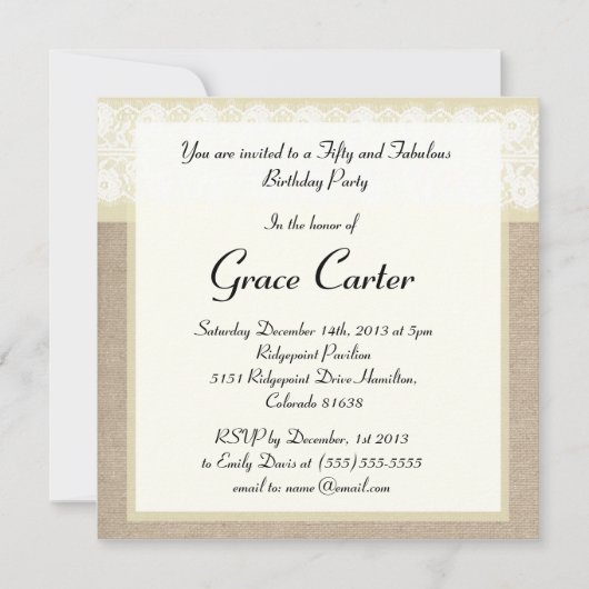 Elegant Beige Burlap Lace Birthday Uitnodiging (Voorkant)