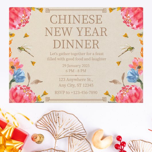 Elegant Beige Chinees Nieuwjaarsdiner Kaart