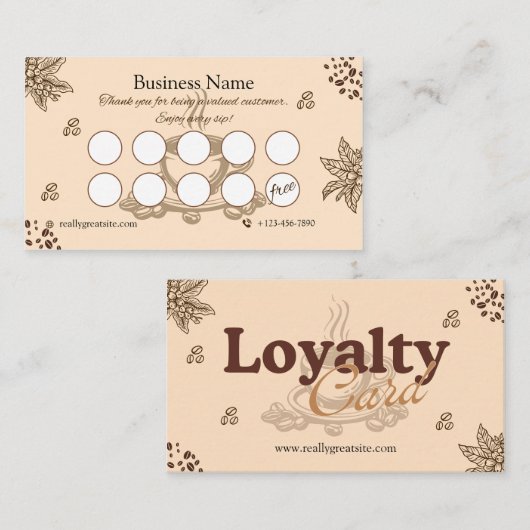 Elegant Beige Coffee Loyalty Card Ontwerp (Voorkant / Achterkant)