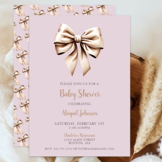 Elegant Beige Coquette Bow Baby shower Kaart